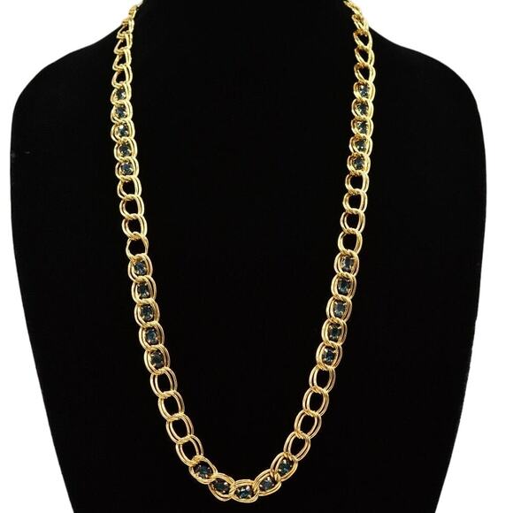 Givenchy Vintage Crystal Chain Necklace Chunky Gold Double Linked Blue 1980s 9J - Picture 9 of 12